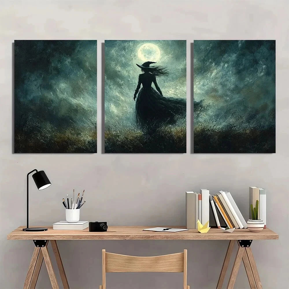 3pcs Halloween Mystical Flying Witch Metal Print Ready to Hang Art - Bella Home Decor