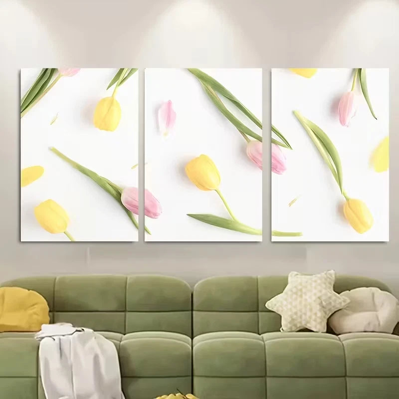 3pcs Vibrant Tulips and Pink Buds Metal Print Ready to Hang Art