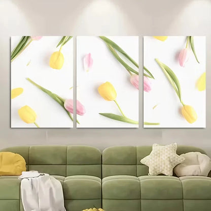 3pcs Vibrant Tulips and Pink Buds Metal Print Ready to Hang Art