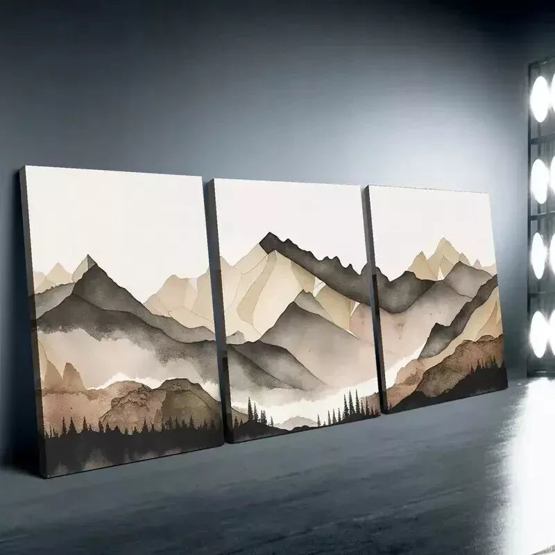 3pcs Beige & Grey Mountains Wall Art Set Canvas Framed 50x70cm - High Quality Print 100% Australian Made Wall Canvas Ready to Hang