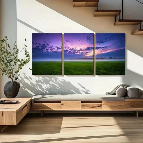 3pcs Endless Grassland & Purple Sky Wall Art Set Canvas Unframed - High Quality Print 100% Australian Made Wall Canvas