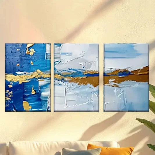 3pcs Painting with Blue And Golden Paint Wall Art Set Canvas Framed 40x60cm - High Quality Print 100% Australian Made Wall Canvas Ready to Hang