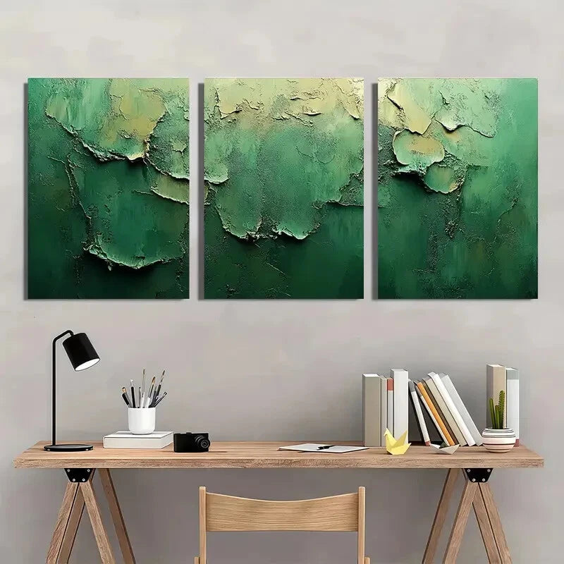 3pcs Minimalist Abstract Green & Beige Textured Metal Print Ready to Hang Art - Bella Home Decor