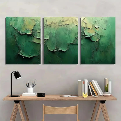 3pcs Minimalist Abstract Green & Beige Textured Metal Print Ready to Hang Art - Bella Home Decor