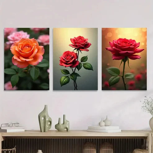 3pcs Vibrant Pink, Orange & Red Roses Green Wall Art Set Canvas Unframed - High Quality Print 100% Australian Made Wall Canvas