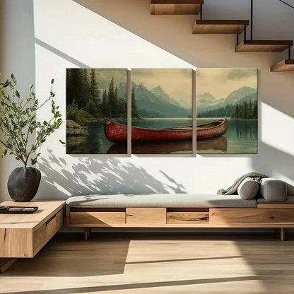 3pcs Red Canoe Majestic Mountains Serene Lake Metal Print Ready to Hang Art - Bella Home Decor