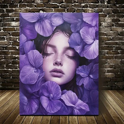 Elegant Purple Floral Design Serene Woman Painting 40x60cm Metal Print Ready to Hang - Bella Home Decor