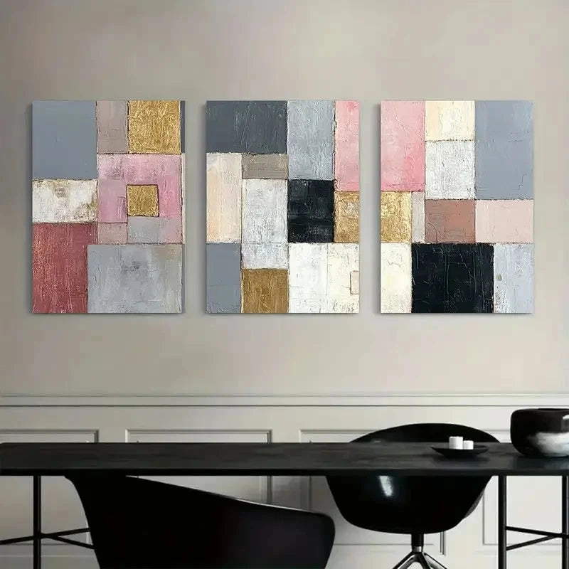 3pcs Abstract Geometric Grey Pink Golden & Black Metal Print Ready to Hang Art - Bella Home Decor
