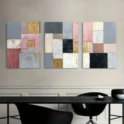 3pcs Abstract Geometric Grey Pink Golden & Black Metal Print Ready to Hang Art - Bella Home Decor