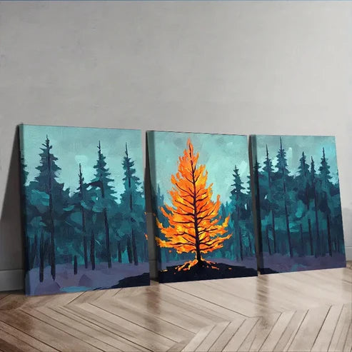 3pcs Fire in Forest Design, Nature Trees Wall Art Canvas Unframed - High Quality Print 100% Australian Made Wall Canvas
