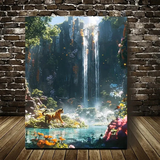 Cyberpunk Tiger Dancing Under Waterfall Painting 40x60cm Metal Print Ready to Hang - Bella Home Decor