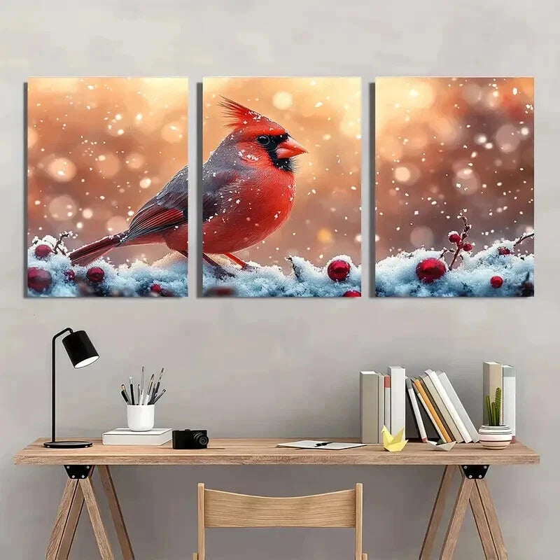 3pcs Vibrant Cardinal in Snowflakes & Berries Wall Art Set Canvas Framed 40x60cm - High Quality Print 100% Australian Made Wall Canvas Ready to Hang - Bella Home Decor