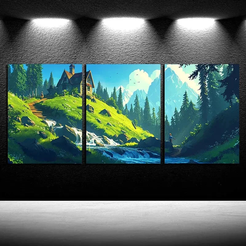 3pcs Majestic Nature Forest Hut Mountain Landscape Metal Print Ready to Hang Art - Bella Home Decor