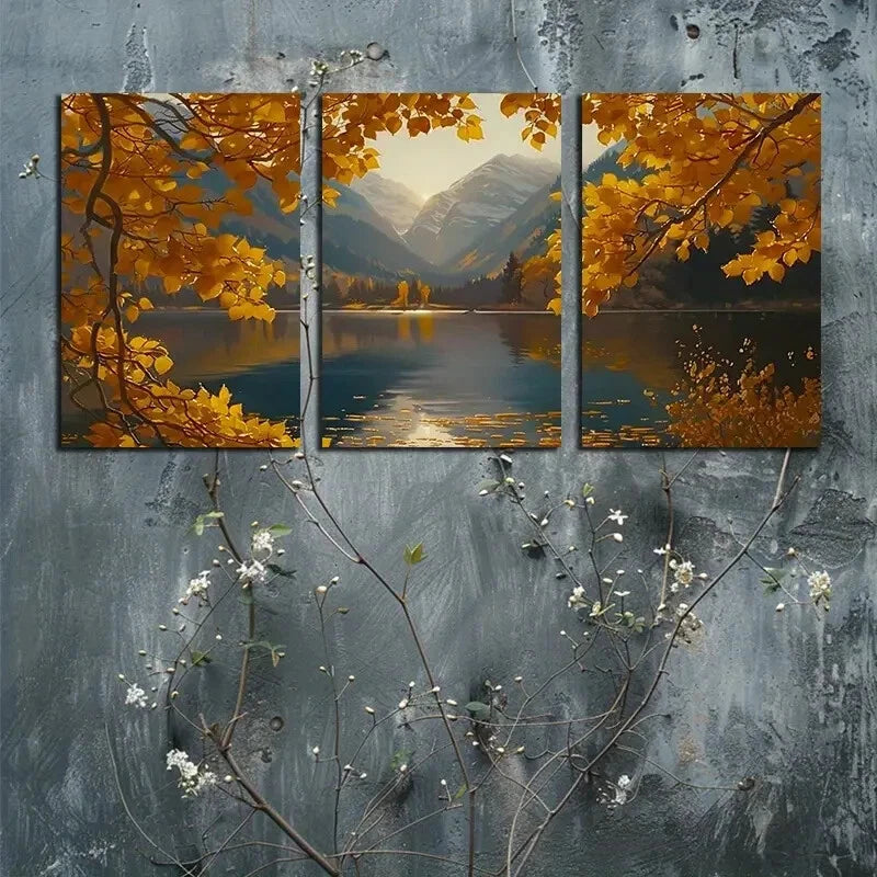 3pcs Vibrant Beautiful Autumn with Lake View Metal Print Ready to Hang Art - Bella Home Decor