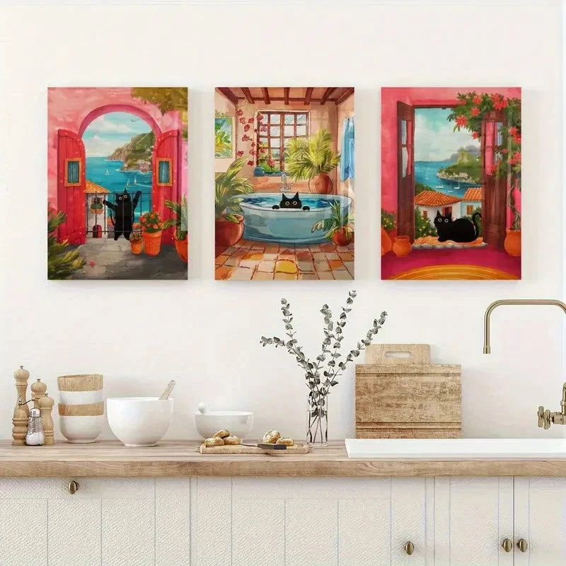 3pcs Black Cat and Scenic Views Metal Print Ready to Hang Art - Bella Home Decor