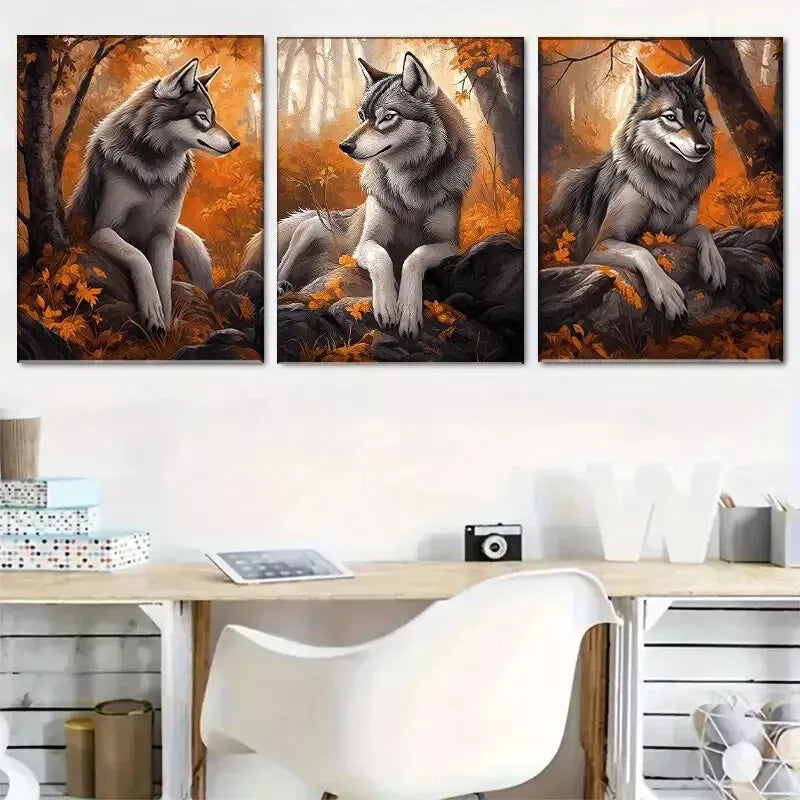 3pcs Autumn Majestic Wolves in ForestWall Art Set Canvas Framed 50x70cm - High Quality Print 100% Australian Made Wall Canvas Ready to Hang