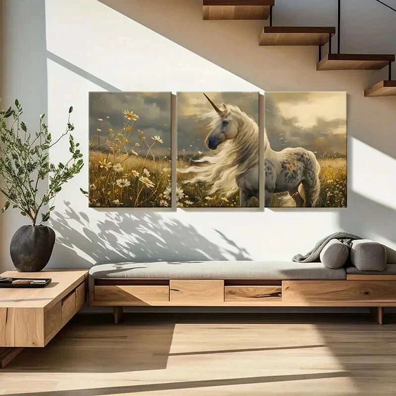 3pcs White Horse with Golden Mane Cloudy Sky Metal Print Ready to Hang Art - Bella Home Decor