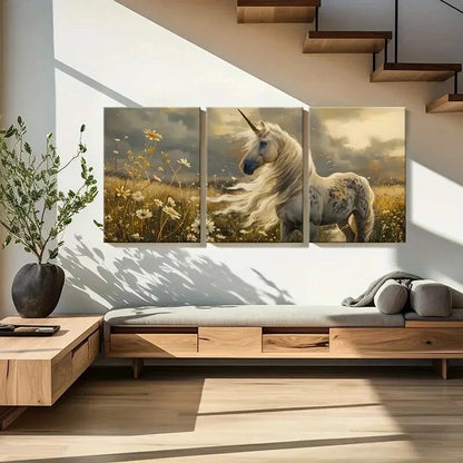 3pcs White Horse with Golden Mane Cloudy Sky Metal Print Ready to Hang Art - Bella Home Decor