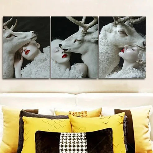 3pcs White Deer, girl Wall Art Set Canvas Unframed - High Quality Print 100% Australian Made Wall Canvas