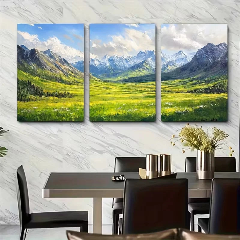 3pcs Green Fields Textured Metal Print Ready to Hang Art