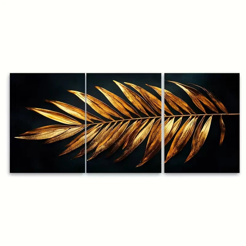 3pcs , Elegant Dark Golden Palm Leaf Metal Print Ready to Hang Art - Bella Home Decor