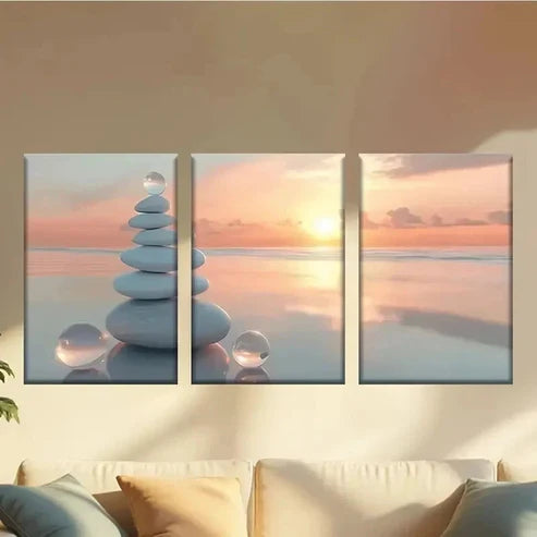 3pcs Stack of Rocks on The Beach at Sunset Wall Art Set Canvas Unframed - High Quality Print 100% Australian Made Wall Canvas