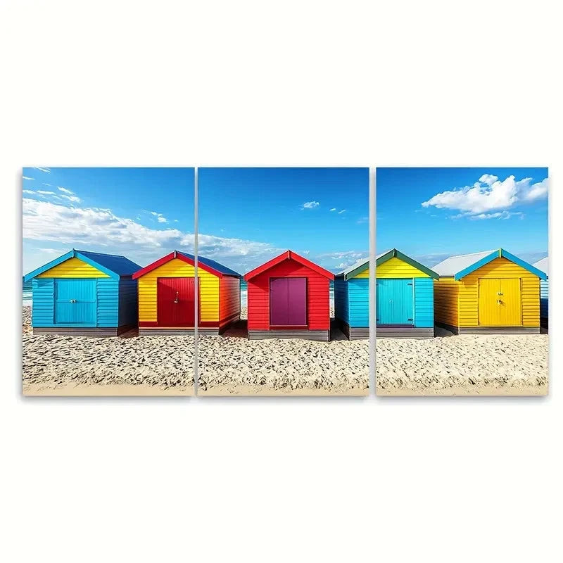 3pcs Vibrant Melbourne Beach Huts Australian Wall Art Set Canvas Framed 40x60cm - High Quality Print 100% Australian Made Wall Canvas Ready to Hang