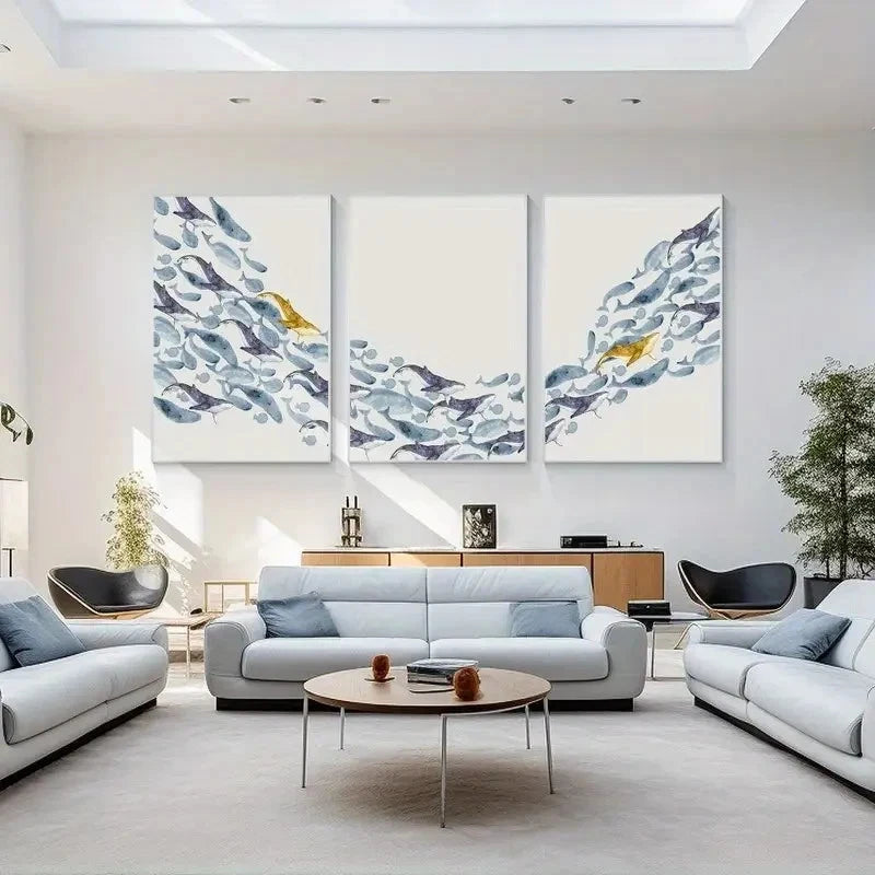 3pcs Blue & Golden Watercolor Designs Wall Art Set Canvas Framed 60x90cm - High Quality Print 100% Australian Made Wall Canvas Ready to Hang - Bella Home Decor