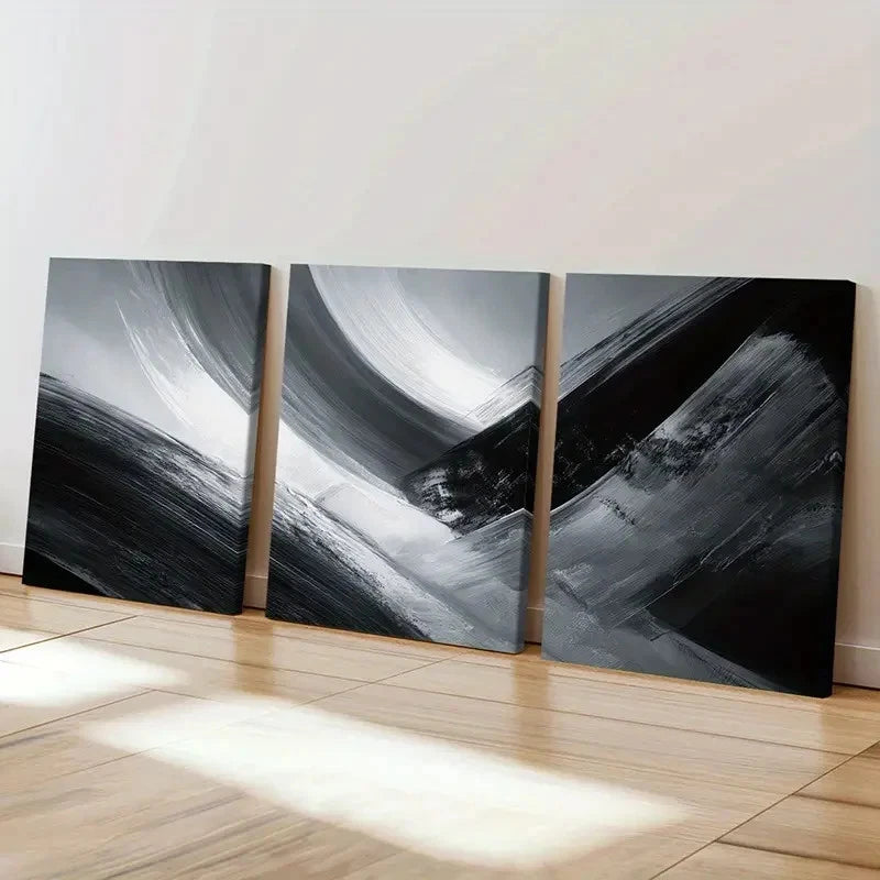 3pcs Black & White Abstract Brushstrokes Art   Wall Art Set Canvas Framed 50x70cm - High Quality Print 100% Australian Made Wall Canvas Ready to Hang - Bella Home Decor