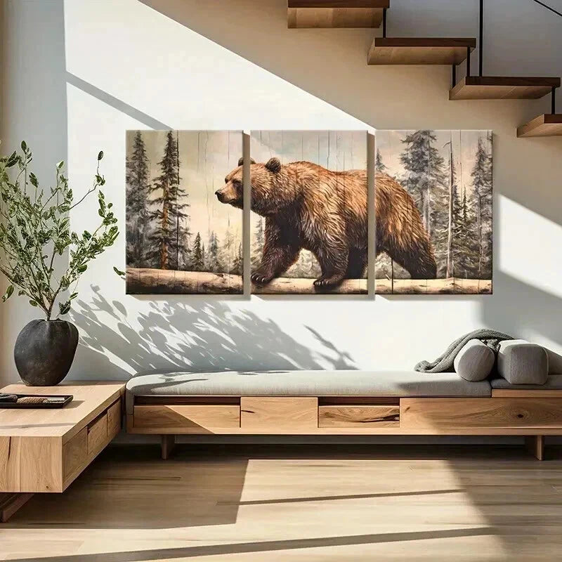 3pcs Forest Bear Landscape Wildlife Artwork Wall Art Set Canvas Framed 40x60cm - High Quality Print 100% Australian Made Wall Canvas Ready to Hang - Bella Home Decor