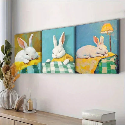 3pcs Featuring Rabbits In A Table Wall Art Set Canvas Unframed - High Quality Print 100% Australian Made Wall Canvas