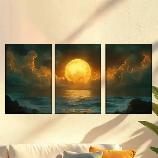 3pcs full moon over the ocean with clouds Wall Art Set Canvas Framed 50x70cm - High Quality Print 100% Australian Made Wall Canvas Ready to Hang