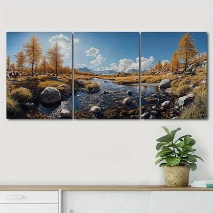 3pcs Autumn Mountains Rivers Nature Perfect Wall Art Set Canvas Framed 50x70cm - High Quality Print 100% Australian Made Wall Canvas Ready to Hang