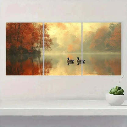 3pcs Abstract Lakeside Landscape with Ducks Metal Print Ready to Hang Art - Bella Home Decor