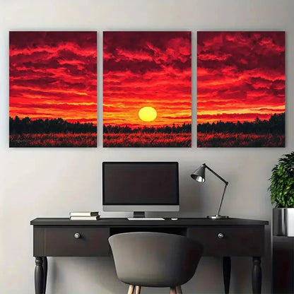 3pcs Modern Stunning Red Sunset Illustration Wall Art Set Canvas Framed 50x70cm - High Quality Print 100% Australian Made Wall Canvas Ready to Hang