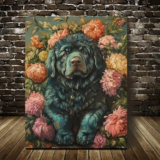 Vibrant Floral Tibetan Mastiff Dog Painting 40x60cm Metal Print Ready to Hang