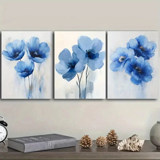 3pcs Blue Flowers In White Background Floral Metal Print Ready to Hang Art - Bella Home Decor