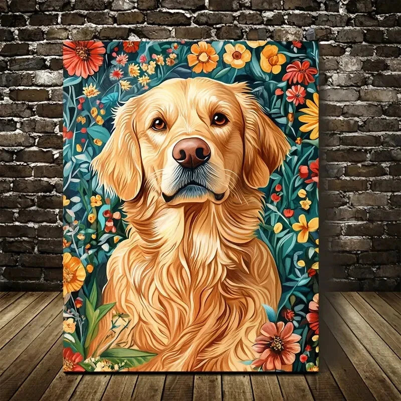 Beautiful Golden Retriever Dog & Floral Botanical 40x60cm Metal Print Ready to Hang - Bella Home Decor