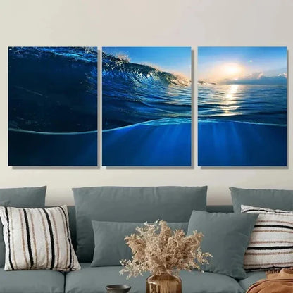 3pcs Vibrant Blue Waves & Sunlight Ocean Wall Art Set Canvas Unframed - High Quality Print 100% Australian Made Wall Canvas - Bella Home Decor