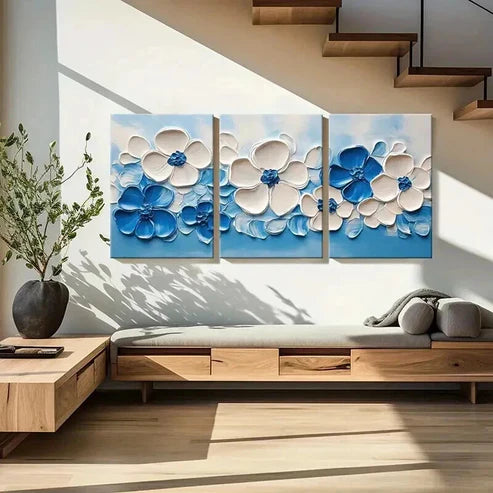 3pcs Abstract Elegant Blue & White Floral  Wall Art Set Canvas Unframed - High Quality Print 100% Australian Made Wall Canvas - Bella Home Decor