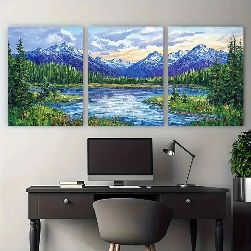 3pcs Mountain and River Landscape Forest Impasto Metal Print Ready to Hang Art - Bella Home Decor