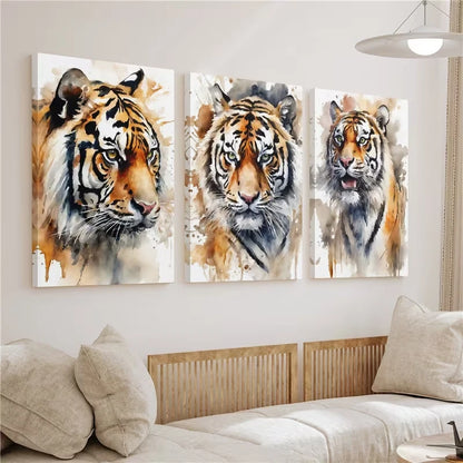 3pcs Tiger Watercolor Animal Nature Wall Art Set Canvas Framed 50x70cm - High Quality Print 100% Australian Made Wall Canvas Ready to Hang