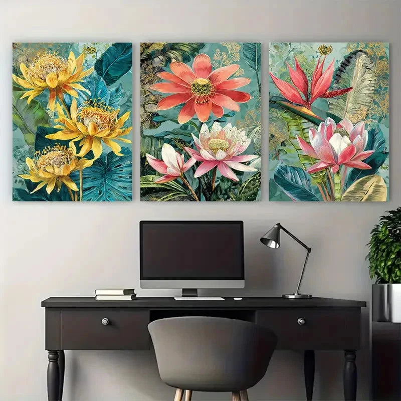 3pcs Nepal Travel Botanical Illustration Wall Art Set Canvas Framed 60x90cm - High Quality Print 100% Australian Made Wall Canvas Ready to Hang
