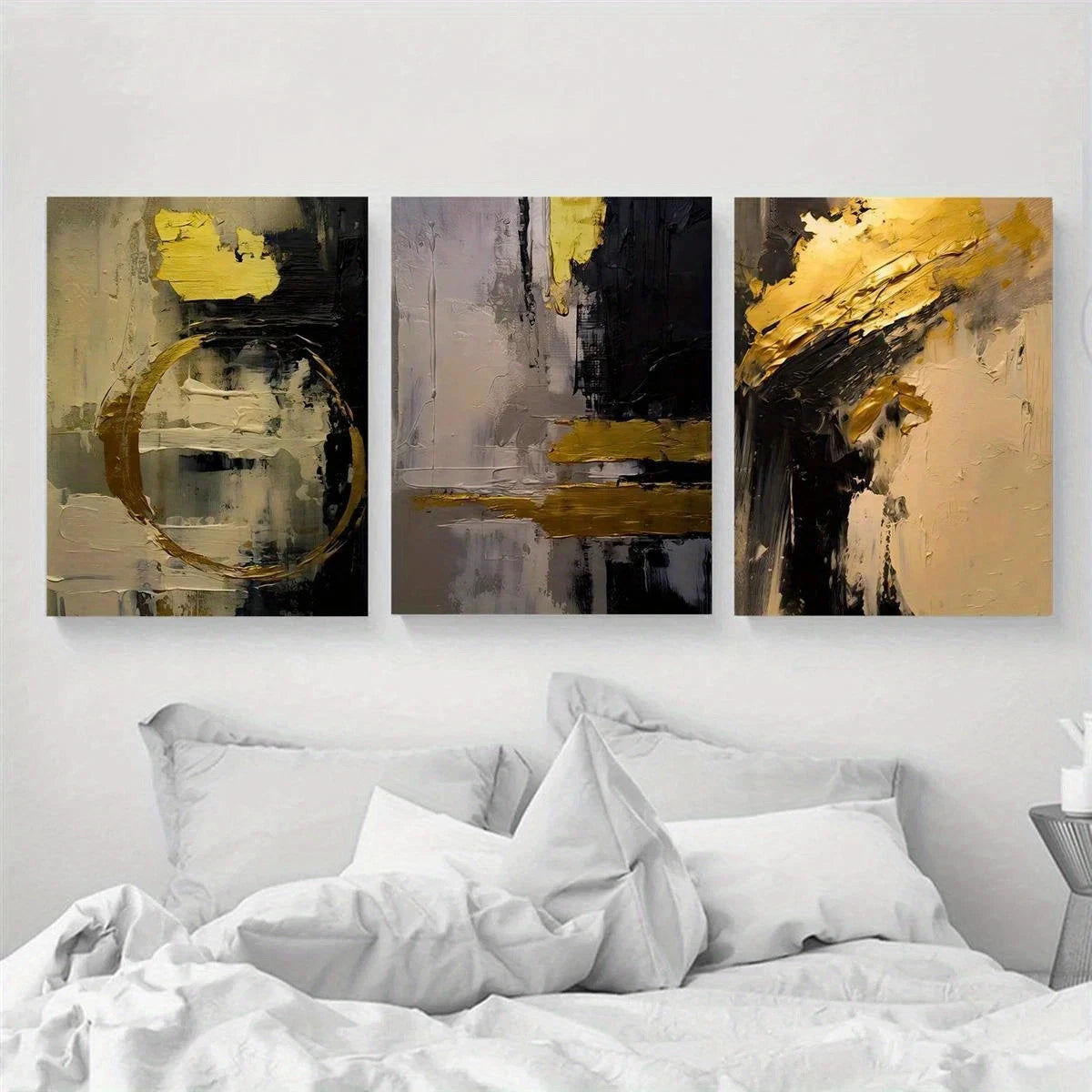 3pcs Golden and Black Abstract Metal Print Ready to Hang Art - Bella Home Decor