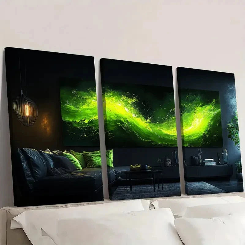 3pcs Modern Abstract Neon Green TY   Wall Art Set Canvas Framed 60x90cm - High Quality Print 100% Australian Made Wall Canvas Ready to Hang