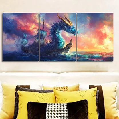 3pcs Blue Dragon on Boat Wall Art Set Canvas Unframed - High Quality Print 100% Australian Made Wall Canvas - Bella Home Decor