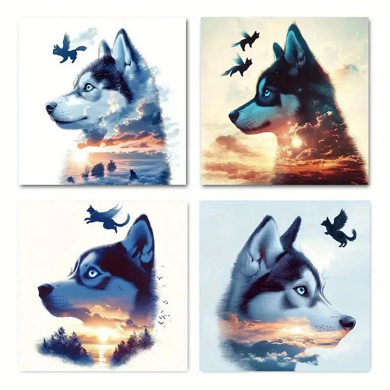 4pcs Wolf Dog Sunset Scene Themed Elegant Wall Art Canvas Framed
