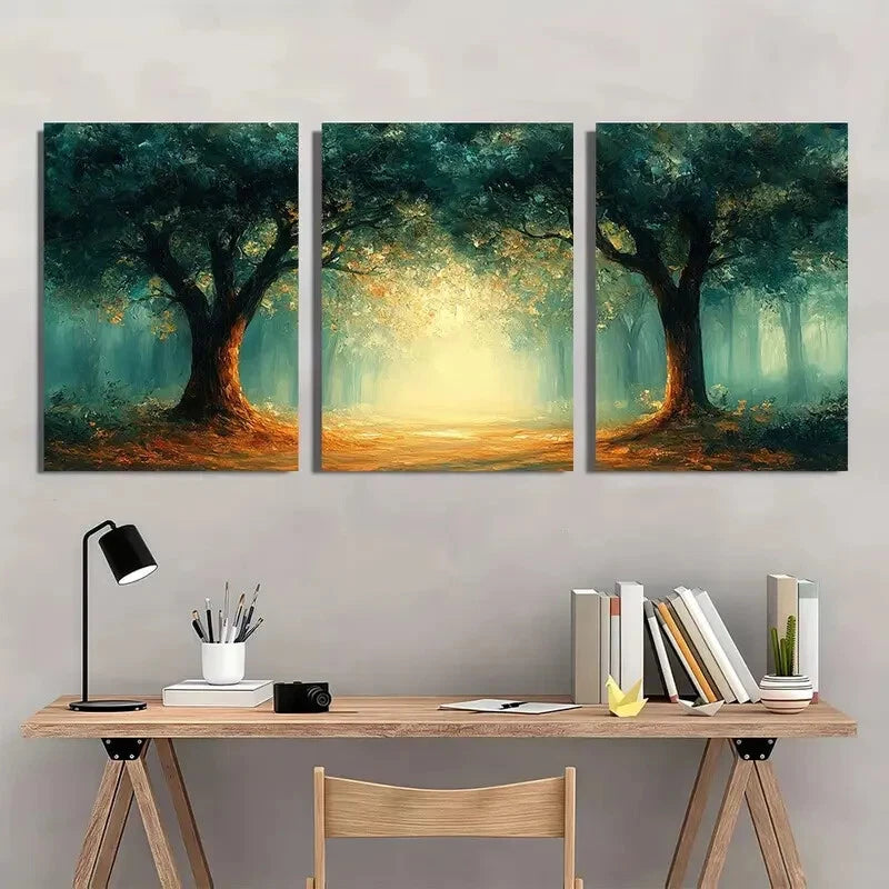 3pcs Abstract Forest Painting with Green Golden Metal Print Ready to Hang Art - Bella Home Decor