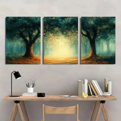 3pcs Abstract Forest Painting with Green Golden Metal Print Ready to Hang Art - Bella Home Decor