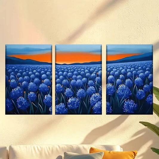 3pcs a Painting of a Field of Blue Flowers Wall Art Set Canvas Framed 60x90cm - High Quality Print 100% Australian Made Wall Canvas Ready to Hang